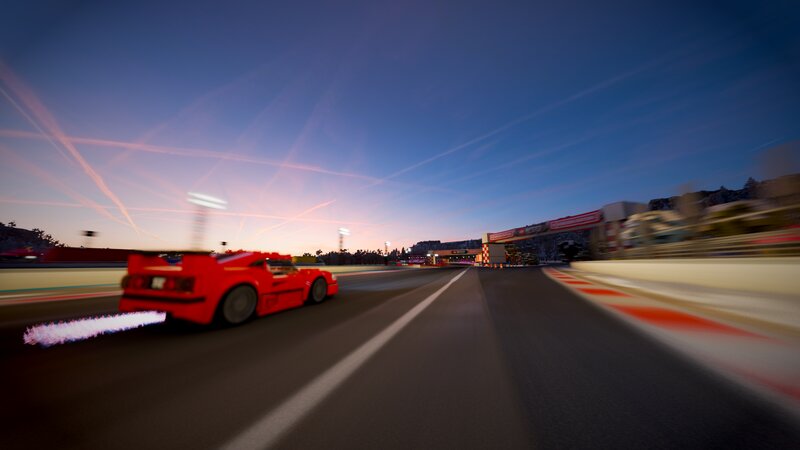 Red Race Car on Track — Dynamic, Sunset, 3d Render, Race Track, Sky