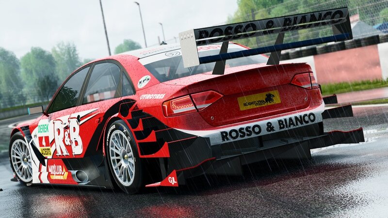Red race car on wet track