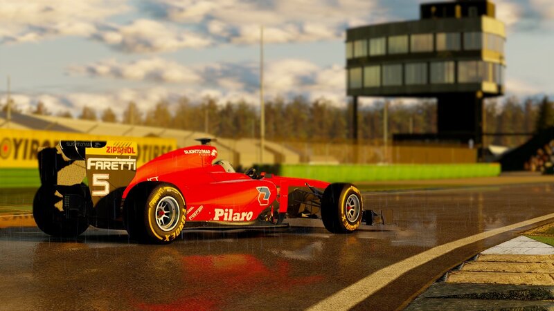 Red race car on wet track