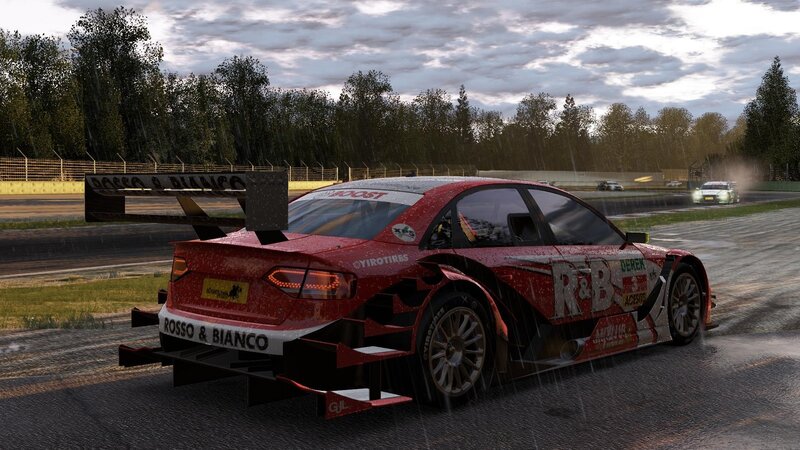 Red race car on wet track