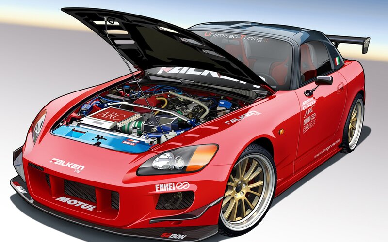 Red race car with open hood