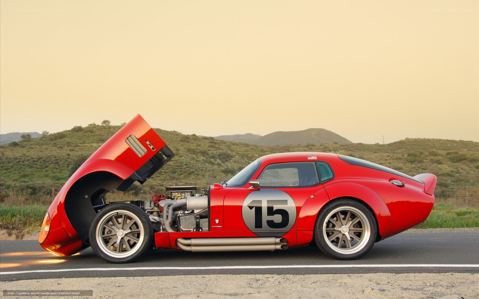 Red race car with open hood