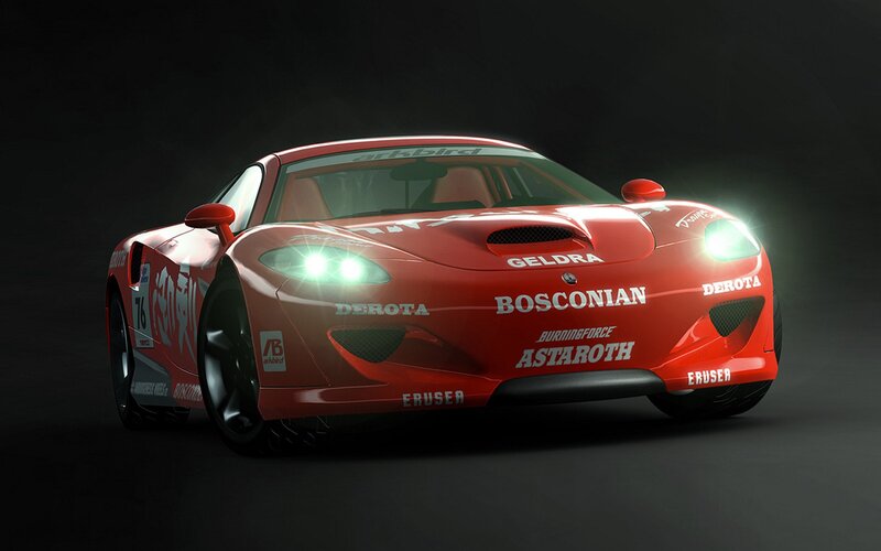 red race car with sponsor logos
