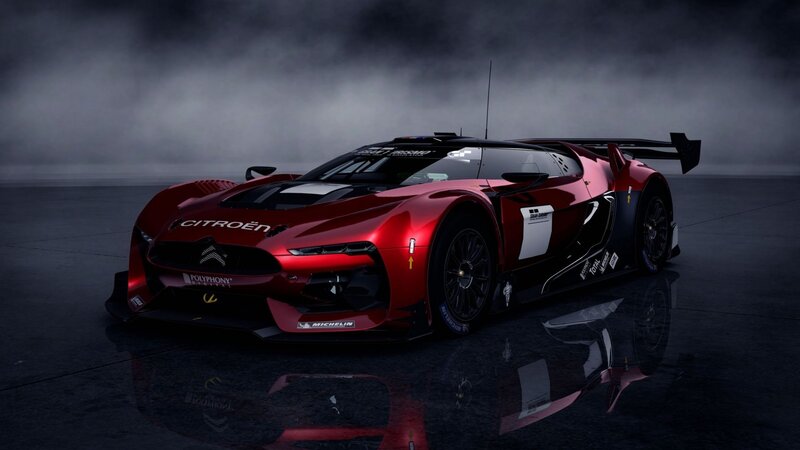 red racing car in mist