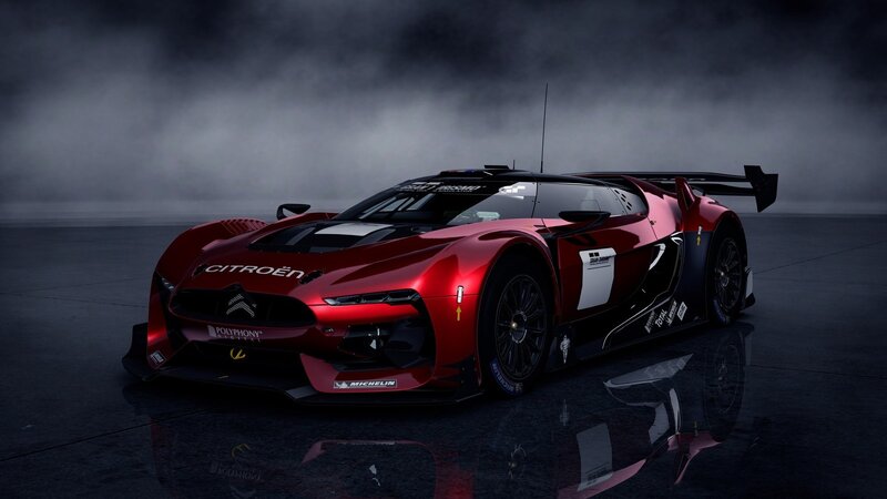 red racing car in mist