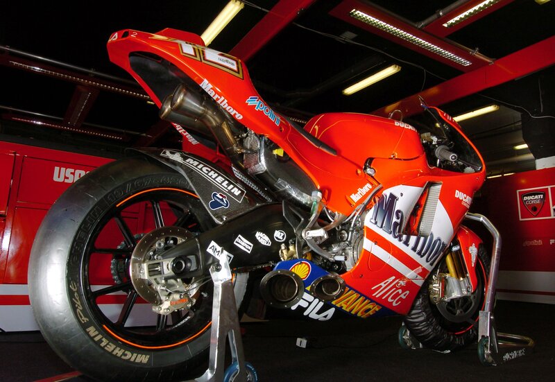Red racing motorcycle in garage