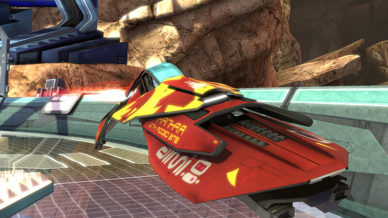 red racing ship in futuristic arena
