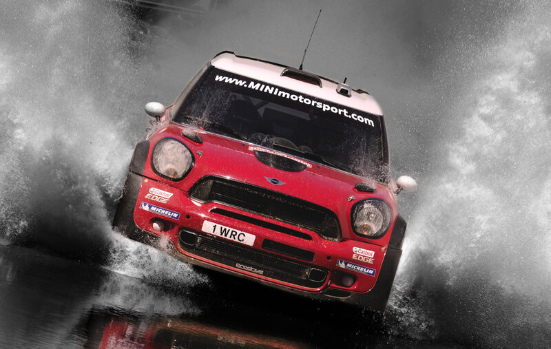 Red Rally Car — Dramatic, Photograph, Water Spray