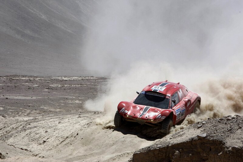 Red Rally Car — Dynamic, Afternoon, Photograph, Dust Cloud