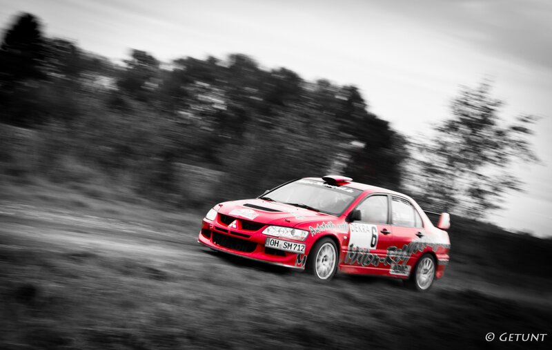 Red Rally Car — Dynamic, Photograph, Trees