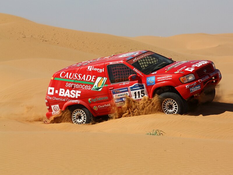 Red Rally Car in Desert — Dynamic, Afternoon