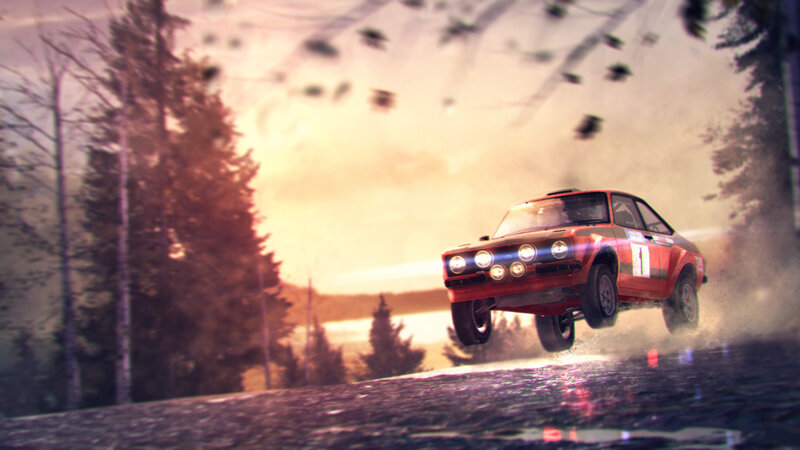 Red Rally Car in Mid-air — Dynamic, Sunset