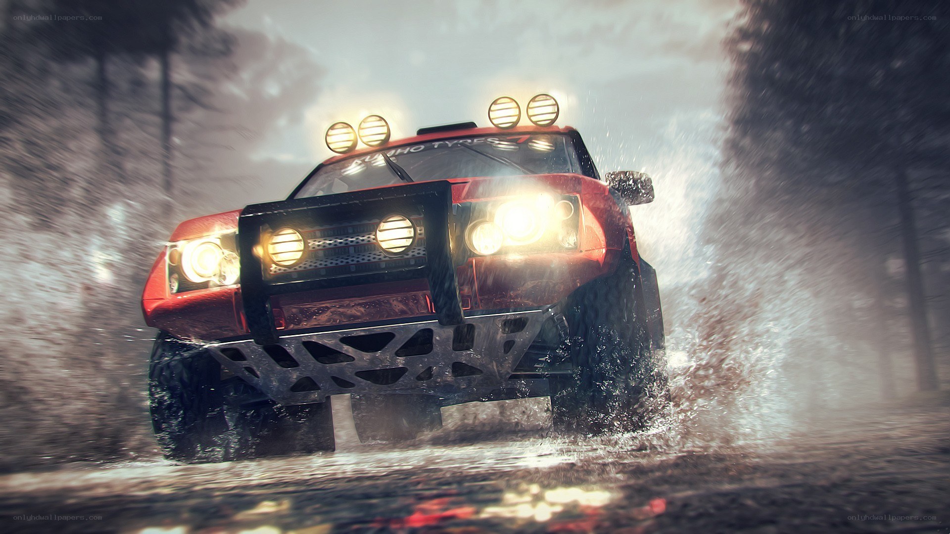 Red rally car in rain