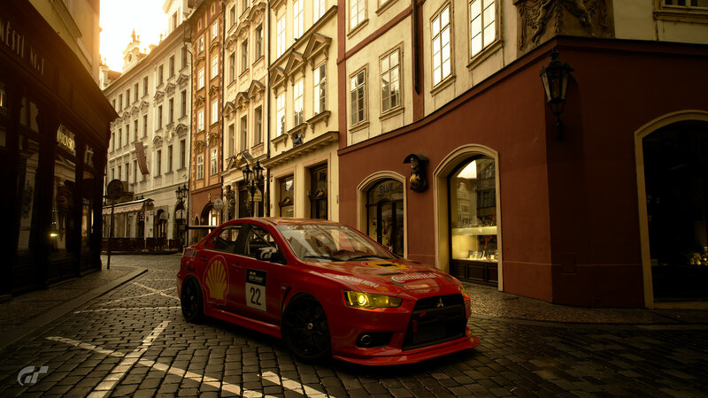 Red Rally Car on Street — Dramatic