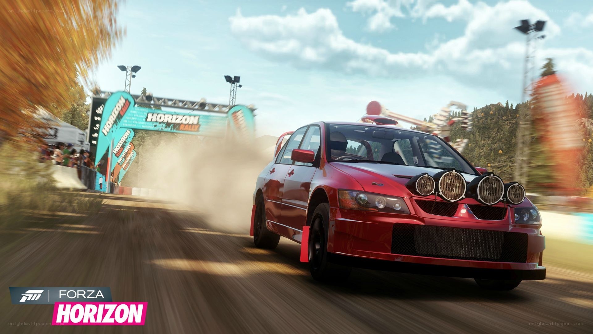 Red rally car racing