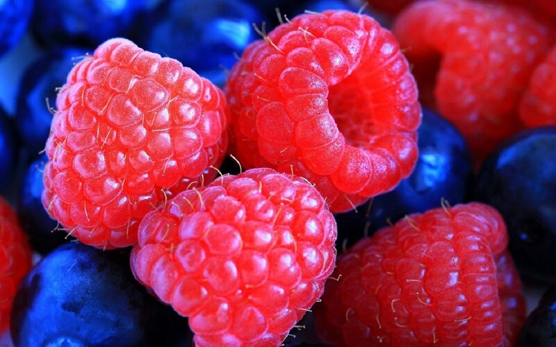 Red Raspberries and Blueberries