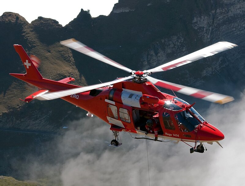 Red Rescue Helicopter — Dramatic, Afternoon