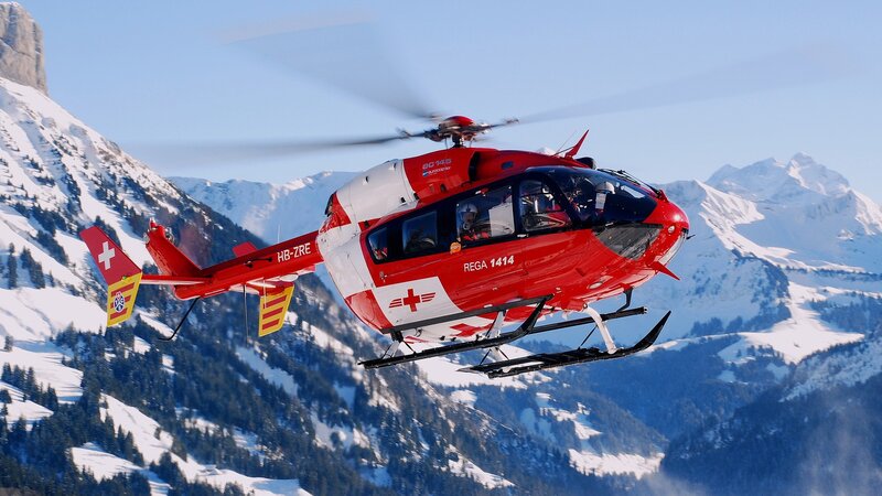 Red Rescue Helicopter — Dramatic, Winter, Photograph