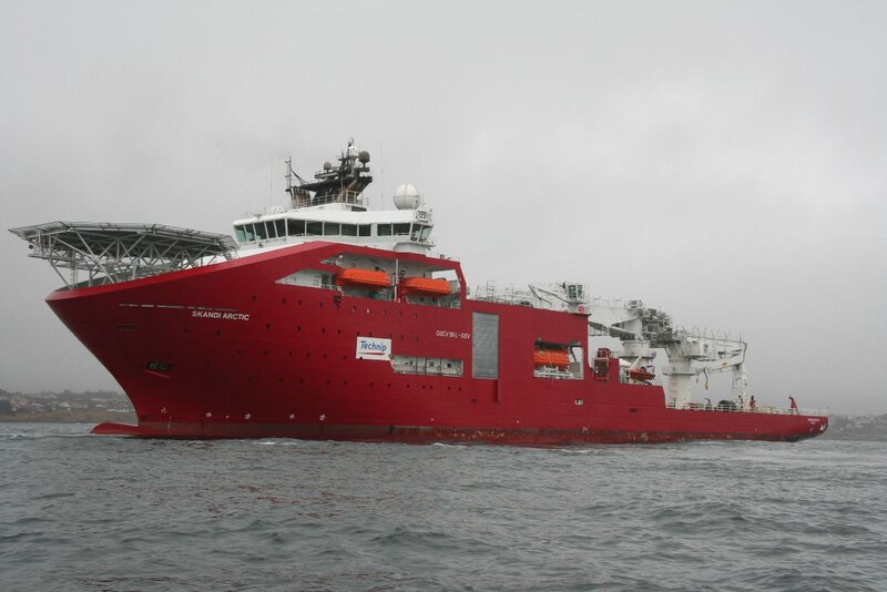 Red research vessel at sea