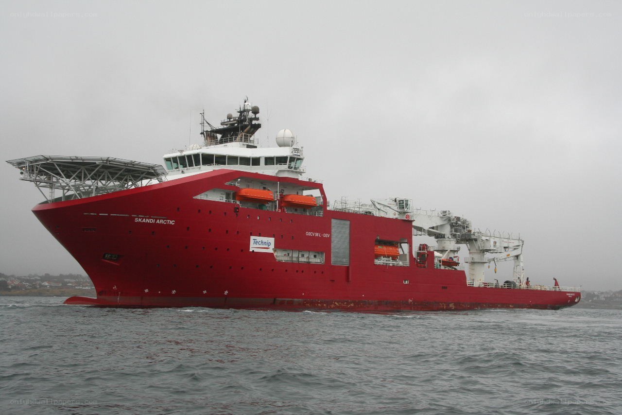 Red research vessel at sea
