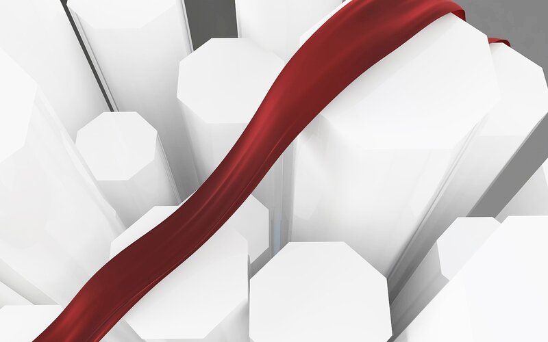 Red ribbon on white geometric shapes