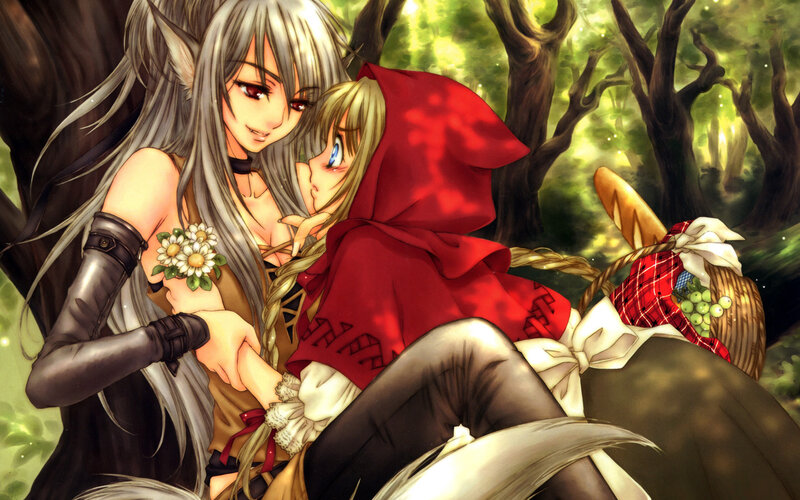 Red Riding Hood and elf in forest