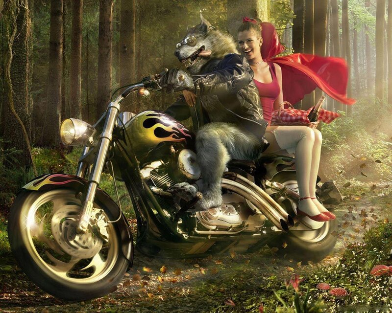 Red Riding Hood and the Wolf on a Motorcycle