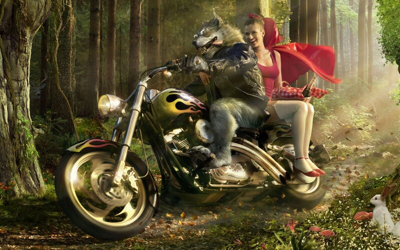 Red Riding Hood and the Wolf on a Motorcycle