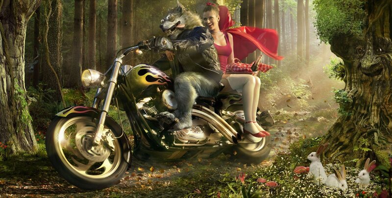 Red Riding Hood and the Wolf on a Motorcycle