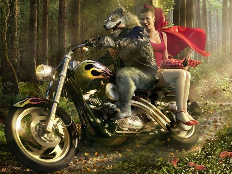 Red Riding Hood and the Wolf on a Motorcycle