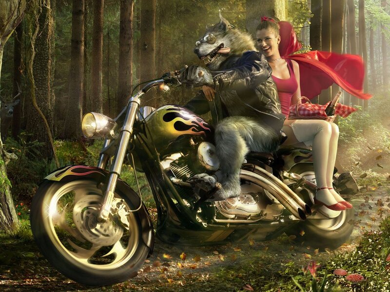 Red Riding Hood and the Wolf on a Motorcycle