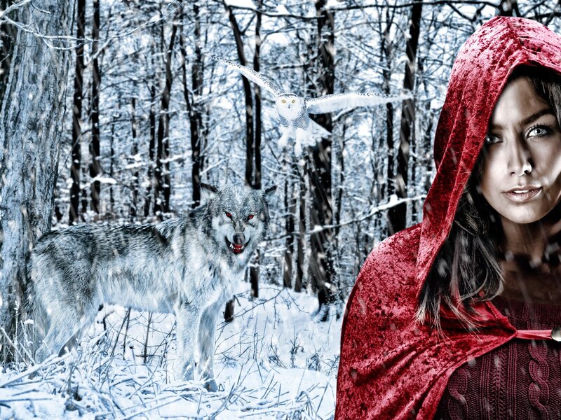 Red Riding Hood in snowy forest