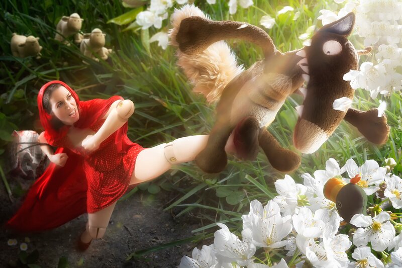 Red Riding Hood Kicking Wolf — Dramatic