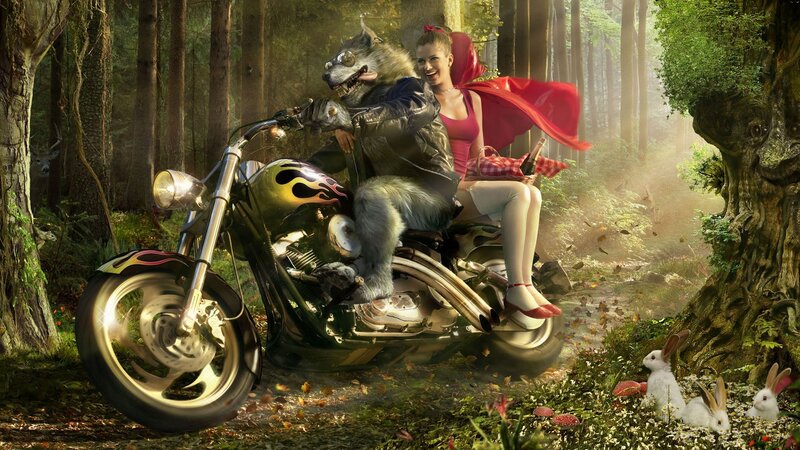 Red Riding Hood on a motorcycle