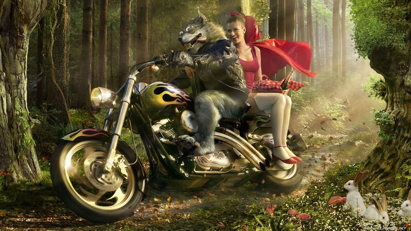 Red Riding Hood on a motorcycle