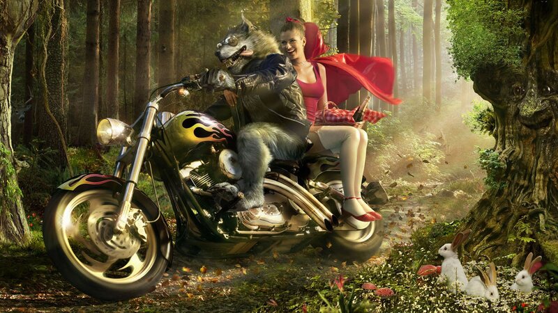 Red Riding Hood on a motorcycle