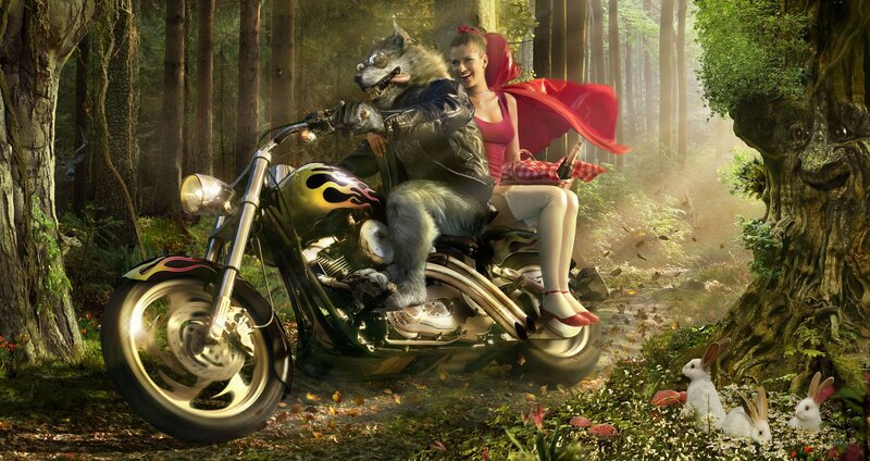 Red Riding Hood on a motorcycle