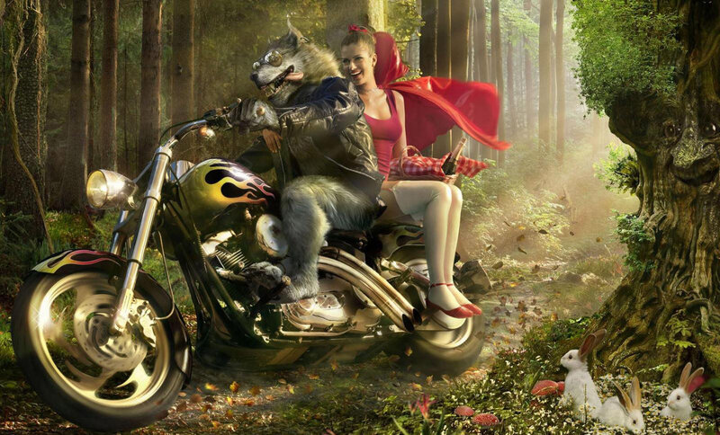 Red Riding Hood on a motorcycle