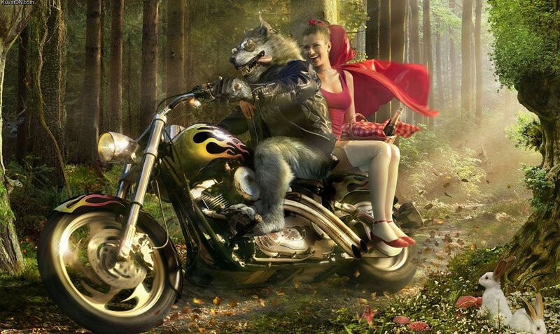 Red Riding Hood on a motorcycle