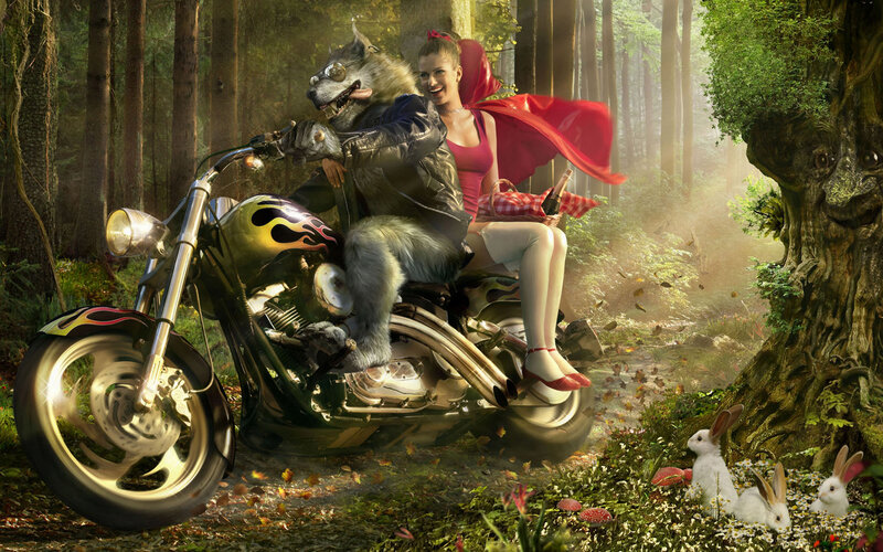 Red Riding Hood on a motorcycle