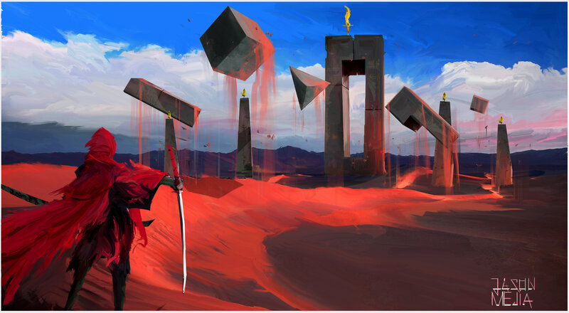 Red-robed Figure in Desert — Red