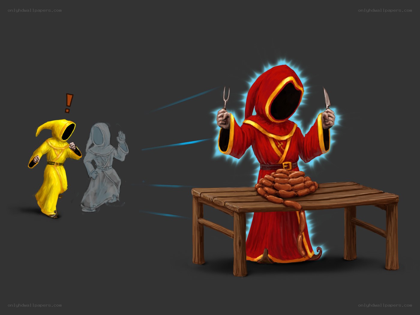Red-robed figure with sausages