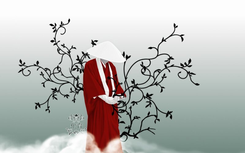 Red-robed figure with vines