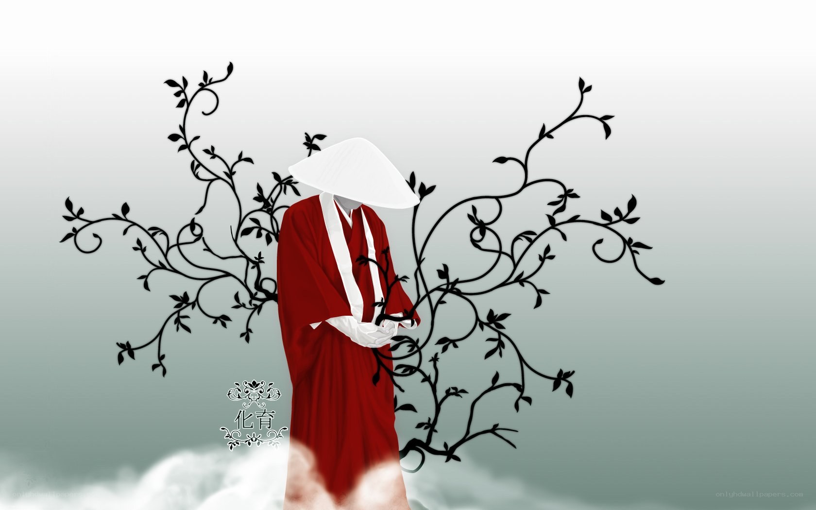 Red-robed figure with vines