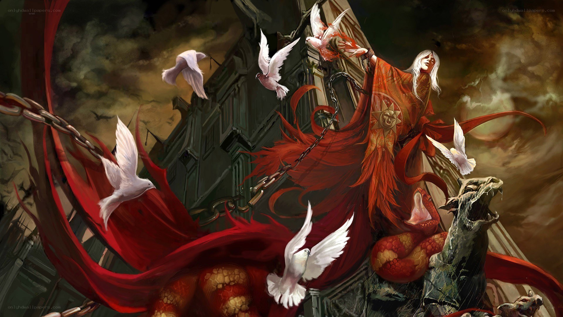 Red-robed figure with white doves