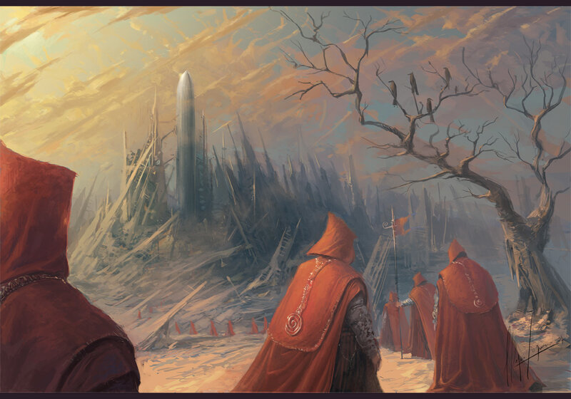 Red-robed figures approach a ruin
