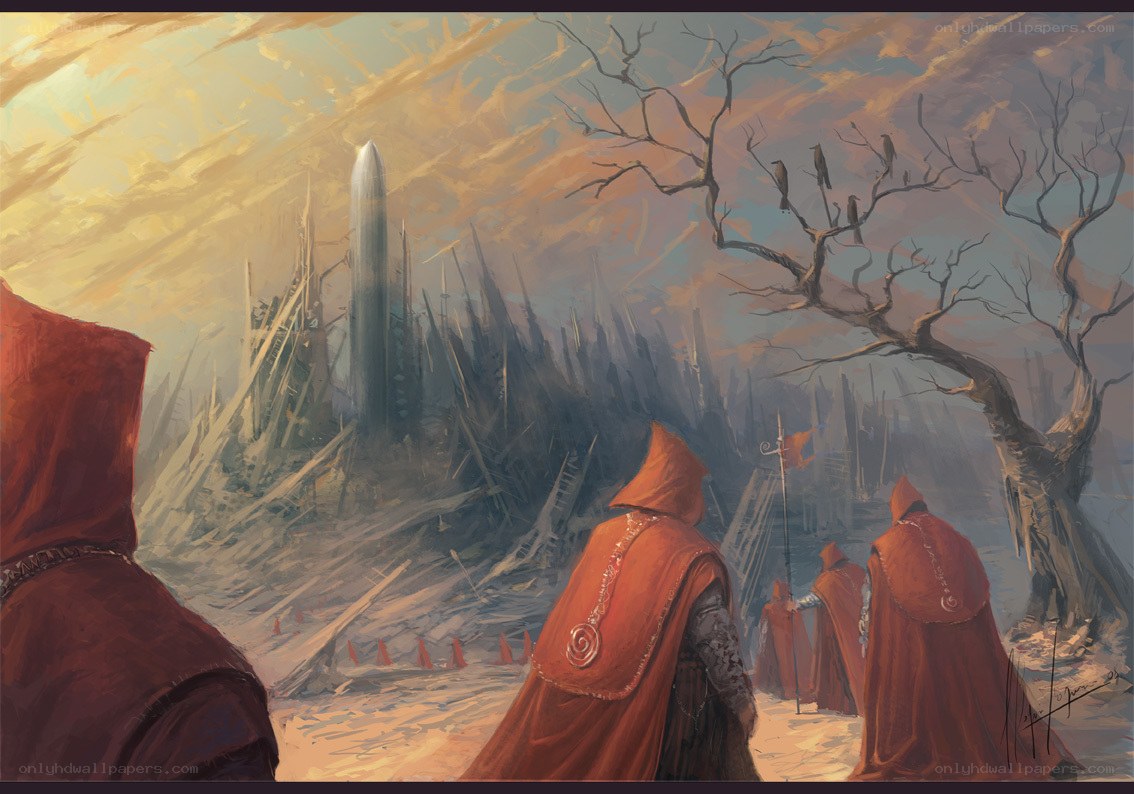 Red-robed figures approach a ruin