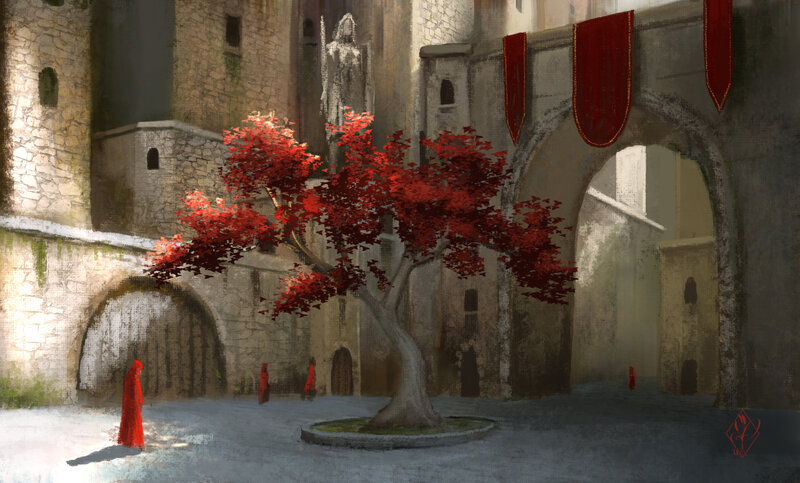 Red-robed Figures in Courtyard