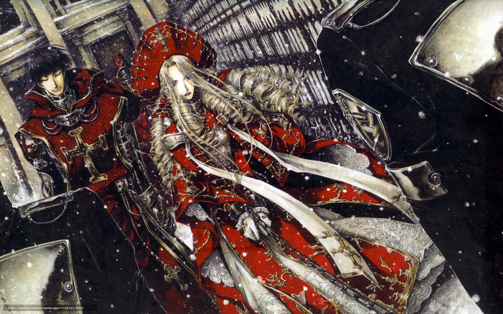 Red-robed figures in snowy battle