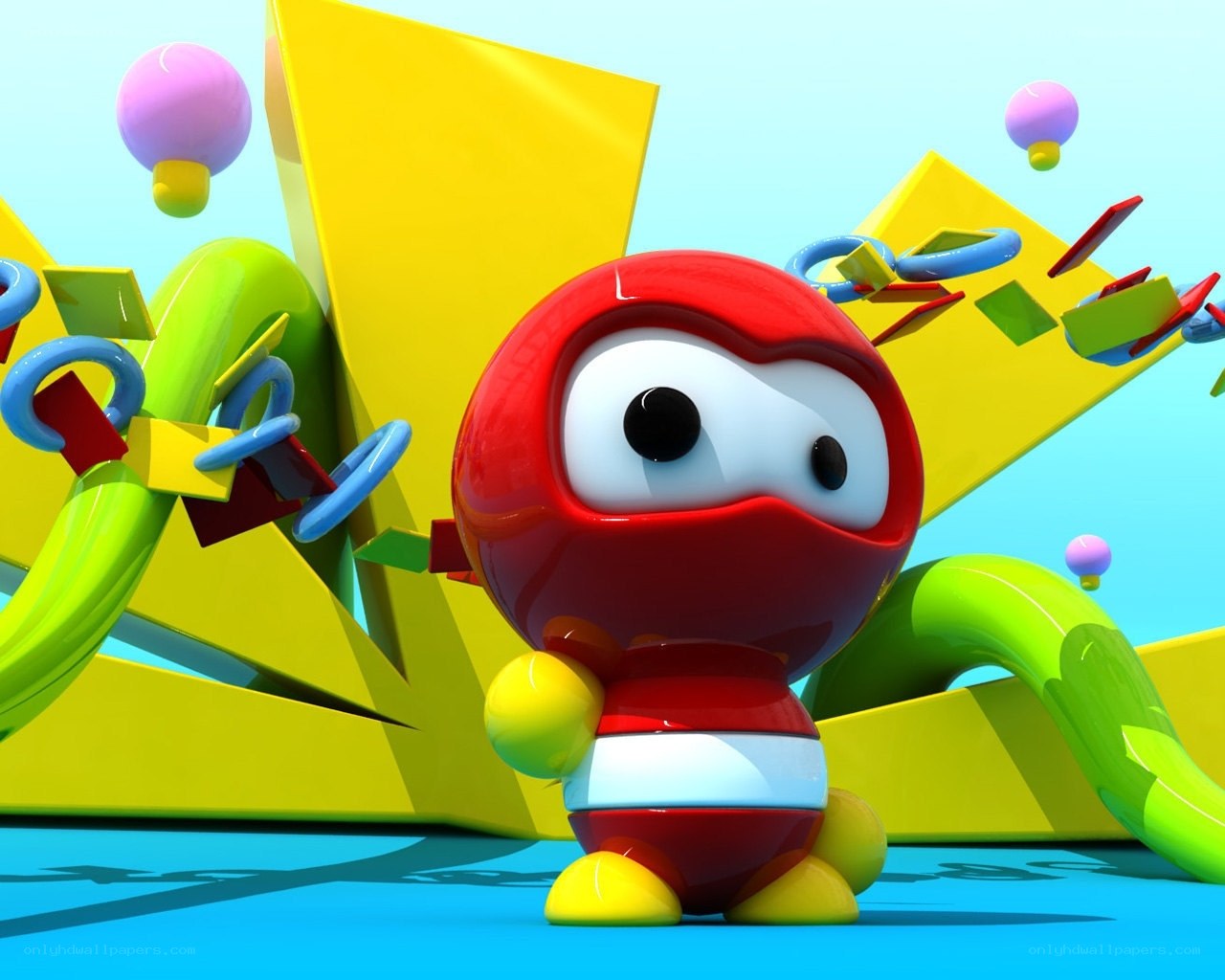 red robot character in colorful scene
